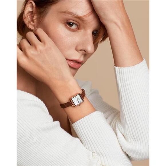 Dainty Watch for Women: Mother of Pearl Dial, Genuine Leather Strap